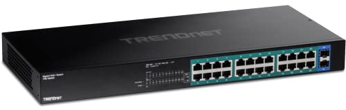 TRENDnet, TPE-TG262, 26-Port-Gigabit-PoE+-Switch, 24 x 30-W-PoE+-Ports, 2 Gigabit-SFP-Steckplätze, 380-W-PoE-Budget, 52-Gbit/s-Switching-Kapazität, Schwarz