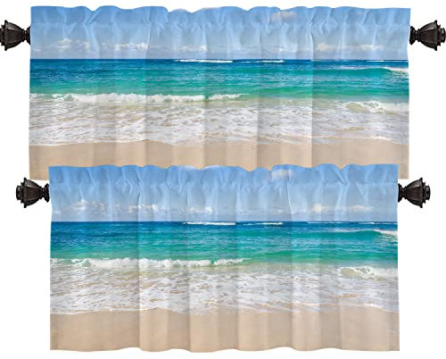Shrahala Ocean Tropical Beach Kitchen Valances Half Window Curtain, Blue Turquoise Tropical Water Ocean Heat Insulated Valance for Window Ink Printing Valances Curtains for Decor 52x18 inch(2pcs)