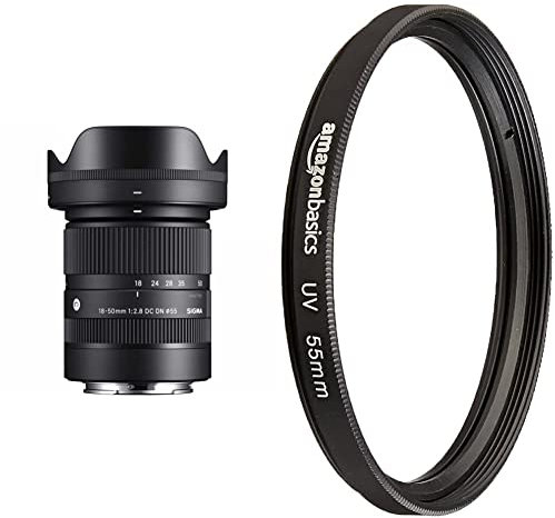 Objetivo Sigma 18-50mm F2.8 DC DN Contemporary Montura Sony E, Nergo & Amazon Basics - Filtro de protección UV - 55mm