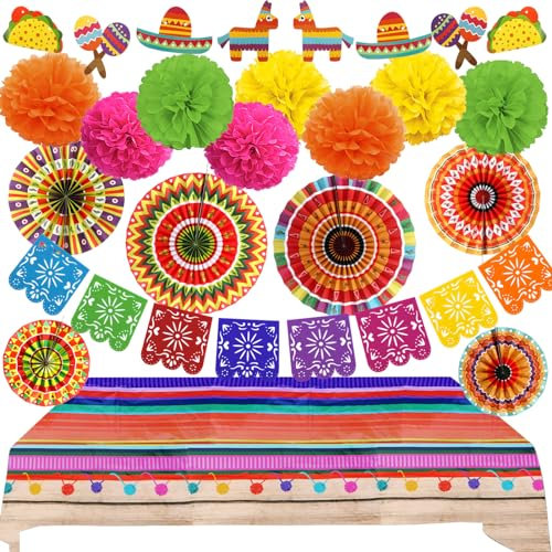 Recosis Fiesta Party Dekorationen, Mehrfarbige Tischdecken Papierfächer Pompons Dekorationen Mexikanisches Kunststoff Papel Picado Banner für Fiesta Mexikanischer Cinco de Mayo Taco-Geburtstag