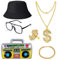 Hip Hop Kostüm Set,Dollar Kette Dollarzeichen Ring Rockstar Brille Rapper Set,Schmuck Gangster 80er, 90er Jahr Rapper Zubehör, Cooler Look für Karneval, Fasching Accessoires, Motto Party