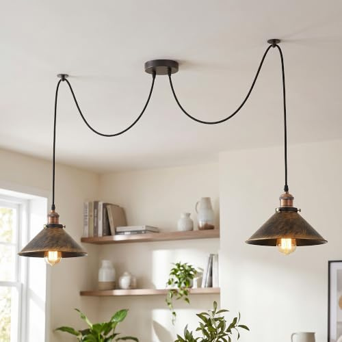 Spinnen-Pendelleuchte mit 2 Köpfen, Retro-Deckenleuchte, 22 cm Metall-Industrie-Lampenschirm, Vintage-Sockel mit E27-Sockel, 2-fach höhenverstellbar, Hängelampe für Wohnzimmer (Gebürstetes Kupfer)