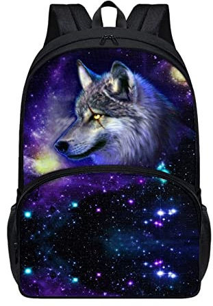 chaqlin Galaxy Blue Wolf Rucksack Schultaschen für Kinder Erwachsene, 17 Zoll Tier Wolf Große Buchtaschen für Schule mit Fronttasche, Jungen Mädchen Tier Rucksack Schultaschen Casual Daypack