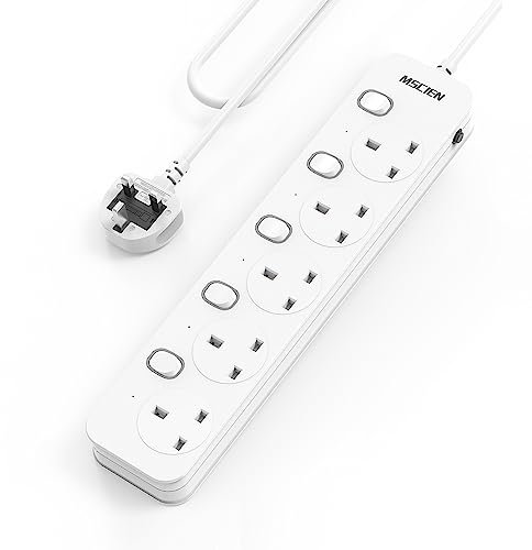 Mscien 3M Extension Lead 5 Way Plug Sockets with Individual Switches, Overload/Surge Protection Wall Mountable Power Strip 3 metre Extension Cable 13A/3250W