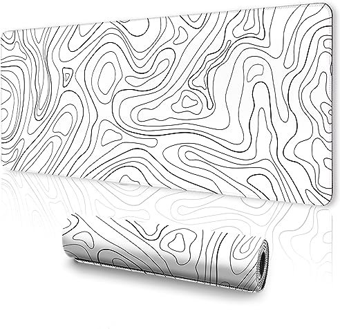 UJoowalk White Topographic Mouse Pad Large - Gaming XL Mousepad for Keyboard, Desk Mat, 31.5 x 11.8 in, Minimalist Contour for Office