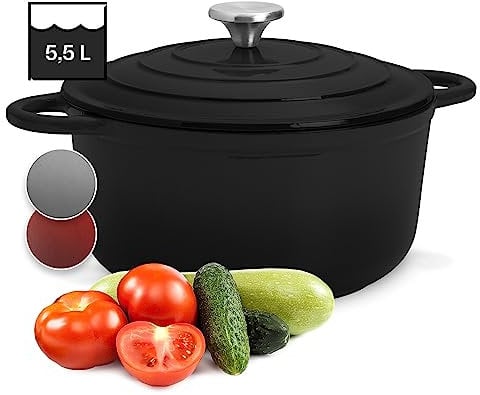 Toci Cazuela Hierro Fundido con Tapa y Capacidad 5,5L, Olla Hierro Fundido Esmaltada a Prueba de Fugas, Ollas Horno Pequeñas de Inducción, Dutch Oven Cacerola Apta para Lavavajillas, Hornos Holandeses