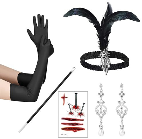 Celawork Halloween 1920er Jahre Accessoires Gatsby Accessoires Damen Halloween Kostümzubehör Inklusive Stirnband Ohrringe Handschuhe Handheld-Requisiten Set