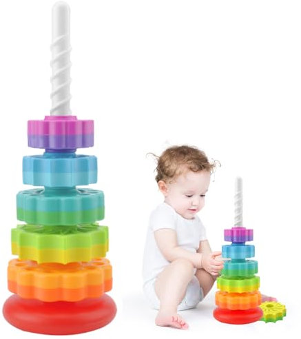 Grande Pyramide pour Bébé Jouet à Empiler 40 cm, Jouet Rotatif pour bébé Arc-en-Ciel empilable Tour d'empilage rotative Jouet Montessori sans BPA Anneaux de Couleurs à empiler