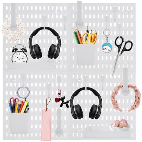 WOPPLXY Pegboard Combination Kit, Wall Organiser 4 Tiles 30 x 30CM Peg Board with 22 Pegboard Accessories, White Modular Hanging Peg Boards for Walls, Desk Display Storage