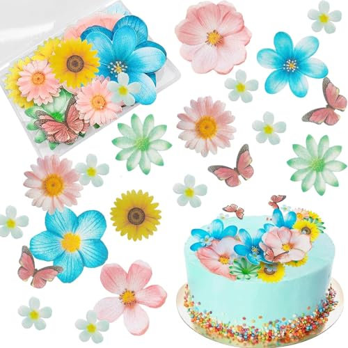 Morofme 55pcs Edible Flower Butterflies Cake Topper Wafer Paper Flower Cupcake Toppers Hawaiian Flower Cake Decorations Mixed Size for Tropical Luau Themed Birthday Baby Shower Party Supplies