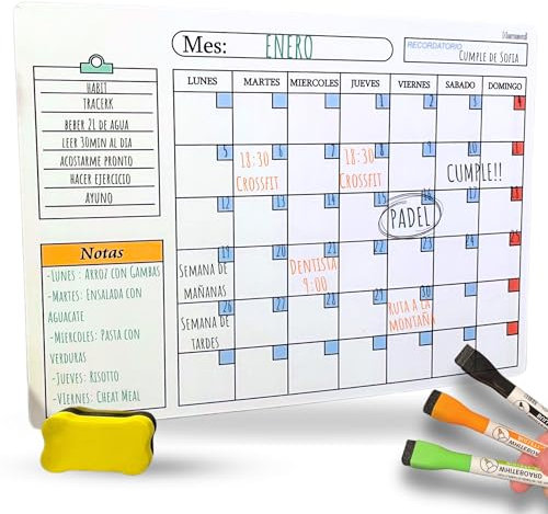HEMEVAL® SÚPER PACK Calendario Magnetico Nevera 2025 PREMIUM + 3 Rotuladores + 1 Borrador | A4 (30X21CM) | Calendario Nevera | Pizarra Magnetica Nevera | Planificador Mensual Semanal Magnetico