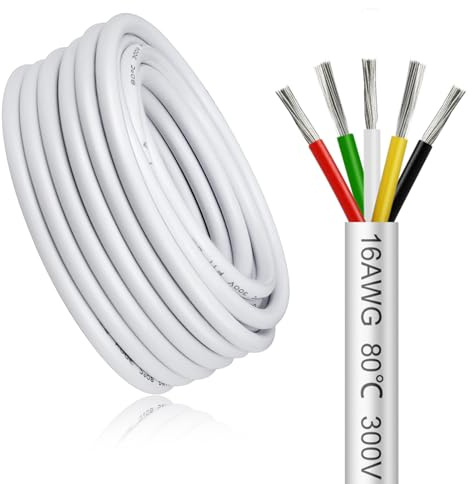 20 Meter 16AWG 5x1,5mm² Elektrischer Kabel, 5 Adriges Kabel 5V/12V/24V/300V Weiß Verzinntes Kupferkabel, Flexibel und Weich Niedrige Impedanz Hohe Temperaturbeständigkeit Verlängerungskabel