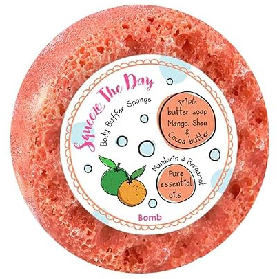 Bomb Cosmetics Body Buffer Soap Infused Sponge 2 in 1 Cleanse Peeling Moisturizing Triple Butter Soap Sponge with Soap Inside Squeeze The Day