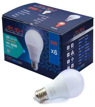 Amadalight LED Glühbirnen E27, 9W (ersetzt 80W), Warmweiß 3000K, 6er Pack, Energiesparende LED Leuchtmittel mit langer Lebensdauer