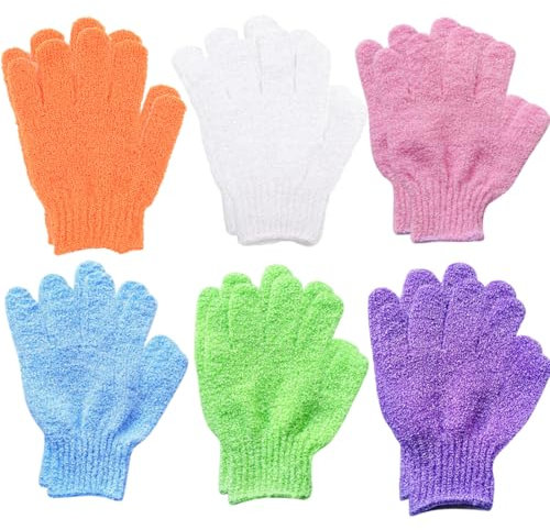 IKOPFLN 12 Stück Peelinghandschuh, Massagehandschuh, Peeling-Handschuhe Exfoliating Gloves für Körper und Gesicht Massage Handschuh Peeling Waschhandschuhe (Weiß+Rosa+Lila+Grün+Blau+orange)