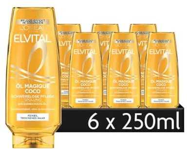 L'Oréal Paris Elvital Spülung für geschmeidiges Haar mit strahlender Brillanz, Angenehmer Kokos-Duft, ÖL Magique Coco, 6 x 250 ml