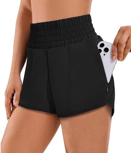 PINSPARK Damen Sport Shorts High Waist Laufshorts 2 in 1 Kurze Sporthose Laufen Yoga Fitness Jogging Trainingshose mit Reißverschlusstasche Schwarz XL