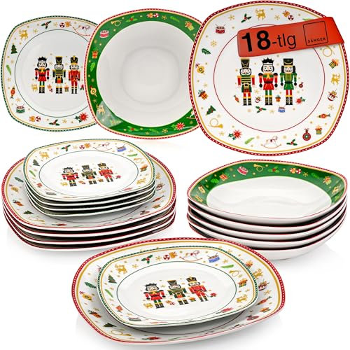 SÄNGER | Tafelservice Bilgola Nussknacker Design Weiß mit Weihnachtsmotiven, 18-teiliges Geschirrset für 6 Personen mit Suppentellern, Dessertteller & Speiseteller aus Porzellan |PREMIUM COLLECTION