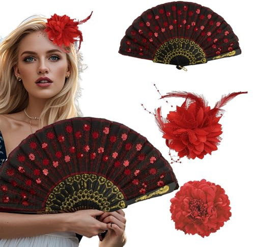 Axvxby Lot de 3 pinces à cheveux de style chinois - Grande pince à cheveux pivoine rouge + coiffe à plumes rouges + éventails chinois noirs et rouges avec fleurs pour cheveux de femme