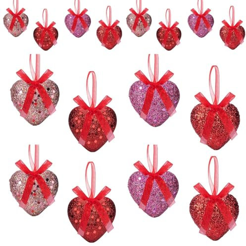 16 PCS Valentine's Day Heart Ornaments, Heart Shaped Hanging Ornaments, Heart Shaped Baubles Romantic Glitter Hanging Decorations for Home Wall Decor Valentine's Day Wedding Party Anniversary