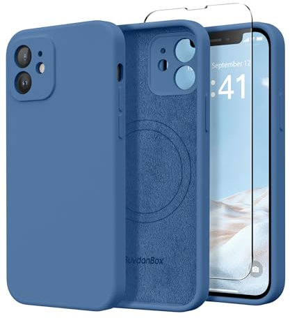 SuydanBox Coque magnétique pour iPhone 12, compatible avec MagSafe, [protection complète de l'appareil photo] [protection d'écran] Coque de protection antichoc en silicone pour iPhone 12 de 6,1, bleu