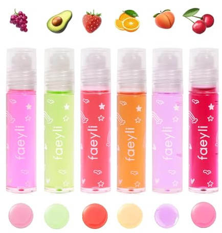 6PCS Fruit Lip Oil Tinted,Moisturizing Roll on Lip Gloss Set Fresh Lip Glaze,Lip Make up for Kids and Teens Fruity Flavors, Kid Friendly, Party Gift, Best Friends