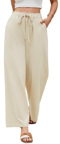 UMIPUBO Women's Cotton Wide Leg Trousers Summer Palazzo Pants Elasticated Waist with Pockets Ladies Pull On Casual Loose Fit Full Length Ladies Work Lounge