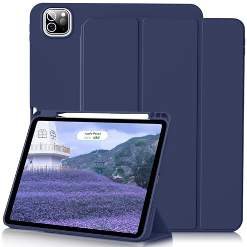 Lsmmpoba Hülle für iPad Pro 12,9 Zoll 6./5./4./3. Generation mit Stifthalter, Unterstützung Pencil Aufladung der 2. Gen, TPU Rückseite für iPad Pro 12,9 2022/2021/2020/2018, Marineblau