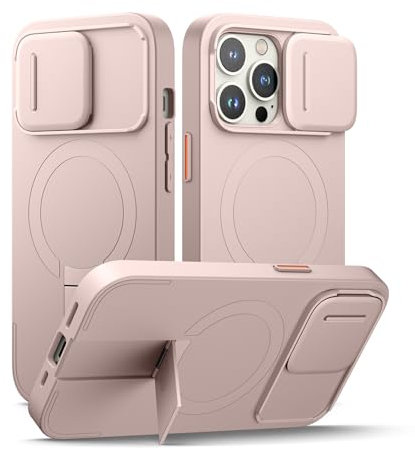 SURITCH Coque Magnétique Compatible avec iPhone 13 Pro, boîtier Tampon résistant aux Chocs Coque de Protection avec Couvercle Coulissant pour Appareil Photo et Support réglable(Rose)