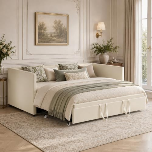 Plcnn Ausziehbares Schlafsofa 90/180x200 cm, Ausklappbares Sofa mit Lattenrosten, 2-Sitzer-Sofa, Doppelbett Polsterbett, Multifunktionsbett, Samtstoff, Beige, Ohne Matratze