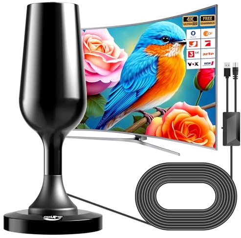 DGUPSP Antenne TV Interna Digitale Terrestre 2025,Antenna Televisore Esterno Portatile con Amplificata Potente,Supporta 4K, 1080p, VHF, UHF, DVB-T/DVB-T2 - Nero