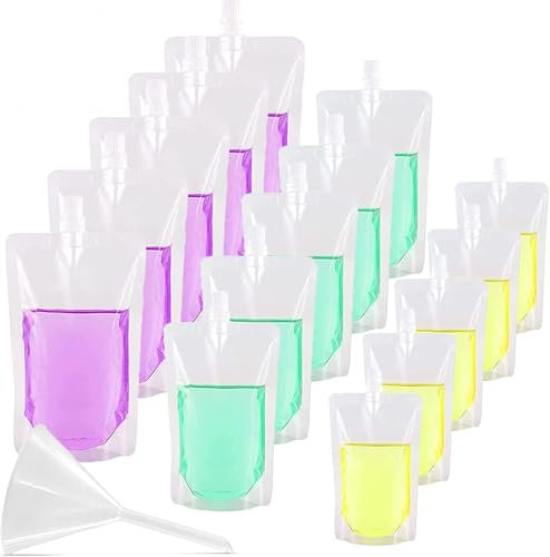 15 Pack Drinks Pouches for Festivals Stand Up Plastic Drinks Flasks Reusable Alcohol Liquor Juice Bags Party Hot Cold Beverage Containers with Spout Funnel 250ml 380ml 500ml
