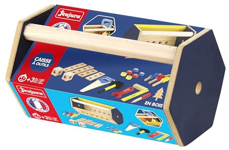 Jeujura - Werkzeugkiste aus Holz – Nachahmungsspiel – Fördert Kreativität und Geschicklichkeit – Lernen zum Schrauben – Abschrauben – zum Transportieren überall – viel Zubehör – Bastelset – 8596
