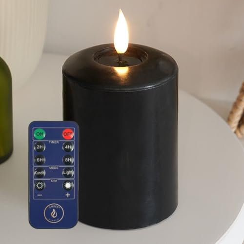 Ember Candles™ 10cm Signature Black, LED Flickering Battery Candle, with Remote & Timer, 100% Real Wax, Ultra-Realistic, Flameless, Hand-Poured Design Mood Lighting for Home, Parties, Events