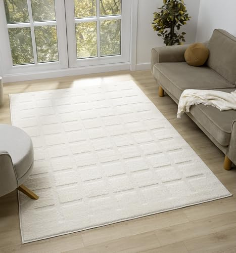 Aya Soft Scandinavian Boho Cubed Living Room Area Rug, Cream, 120x170cm