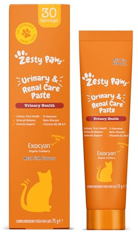 Zesty Paws Urinary & Renal Paste for Cats | Supports Urinary Tract & Kidney Function, Balance Urine pH Levels | Contains Cranberry Powder, D-Mannose, Vitamins B1, B6 & C| Real Fish Flavour | 75g