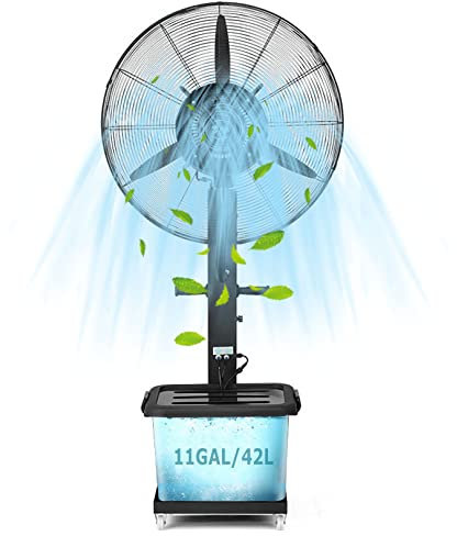 Ventilador de pedestal con rociador de agua, ventilador nebulizador para exteriores, ventiladores industriales con 3 configuraciones de potencia, tanque de 11 galones y oscilación de 90°, ventilador