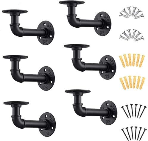 6 PCS Pipe Shelf Bracket，Industrial Floating Shelf Bracket Heavy Duty Plumbing Pipe Shelf for Scaffold Board Wall Mounted, Black