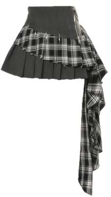 GSCLZ Summer Plaid Pleated Skirt Women High Waist Mini Irregular Hem Chains Decor Skirts(M)