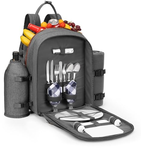 apollo walker Picknickrucksack 2 Personen Picknick Set (Set & Decke) Thermotasche Kühltaschen für Camping, Strand, Wandern Hellgrau