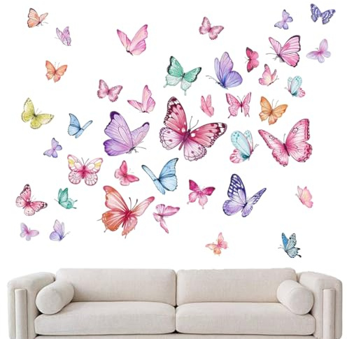 MWUMRCM Schmetterlinge Deko, 44 Stück Wandtattoo Aquarell Schmetterlinge Rosa Wandaufkleber Bunt Schmetterling Mädchen Wandsticker Wanddeko für Mädchenzimmer Kinderzimmer Babyzimmer