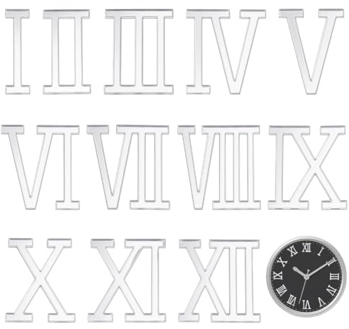 BENECREAT 12 Packung Acryl Römische Ziffern Set für DIY Wanduhr Herstellung 40mm Uhr Zahlen Kit mit Kompletten 1~12 Ziffern für Heimdekoration und Bastelprojekte Silber