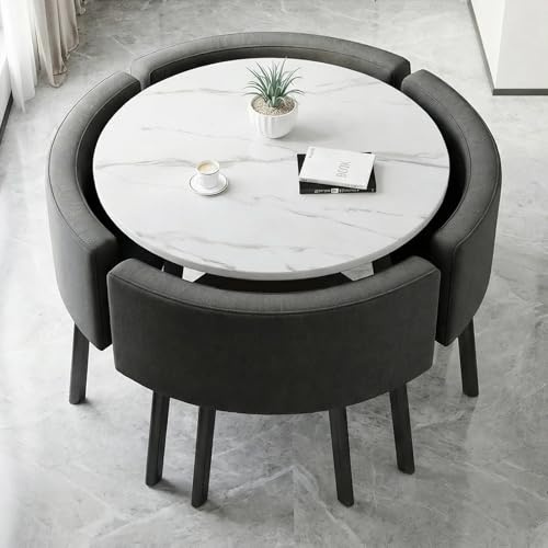Dining Table and Chairs Set of 4, 5 Pieces Round Kitchen Table with 4 Fabric Chairs, Space Saver Dining Room Set Furniture for Home Living Room Restaurant, White(White fabric chair)