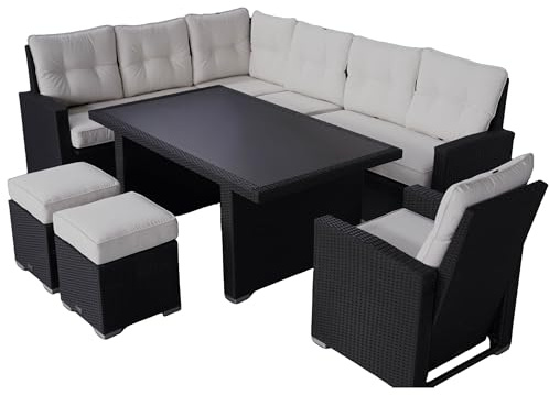 Ragnarök-Möbeldesign Dining Lounge Gartenmöbel PolyRattan – Hohe Sitzgruppe mit Tisch & schwarzer Glasplatte – schwarz Rattan – weiße Olefin Polster – Deutscher Hersteller