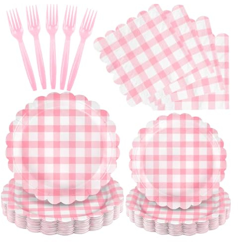 Nymora Pink Paper Plates Party Plates and Napkins, 100 Pcs Pink Gingham Disposable Tableware Set Serve 25 Guests for Birthday Baby Shower Picnic