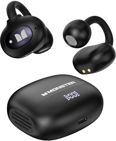 Monster Open-Ear AC339 - Auriculares Bluetooth 6.0 con sonido estéreo, auriculares inalámbricos con clip de 40 horas de reproducción, control táctil, IPX6 impermeable, color negro