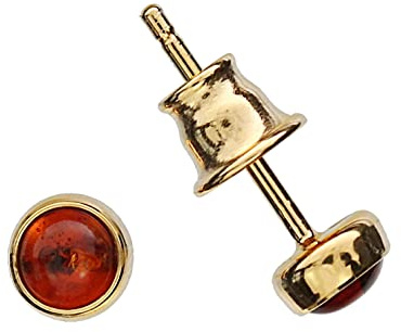 Bernstein Ohrringe von Artisana-Schmuck, kleine runde Ohrstecker aus Bernstein, Fassung 925/000 Sterling Silber vergoldet