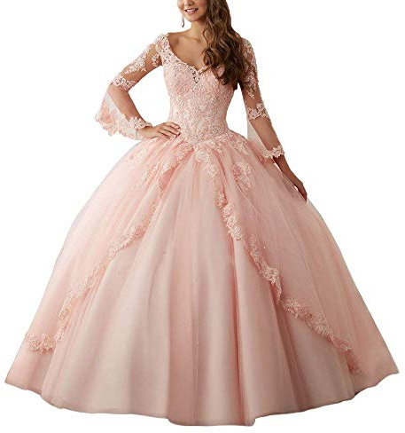 VKStar® Robe de Mariée Princesse Femme Boule Manches Longues Robe Cérémonie Mariage Femme Dentelle Tulle Dos Nu Rose 36