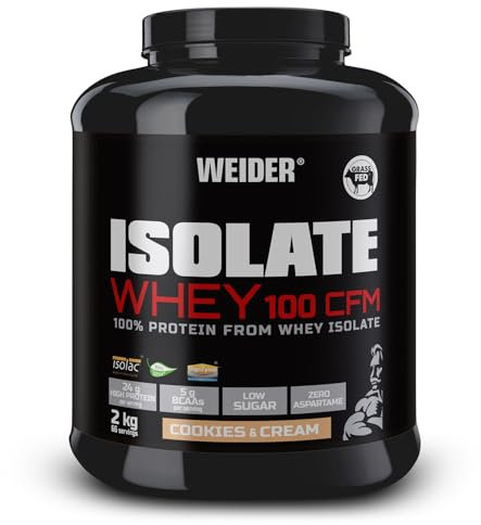 Weider Isolate Whey 100Cfm, 100% Aislado de Proteina de Suero, Cero Azúcar, Cero Aspartamo, con Stevia, con Dygezime, con Bcaa, Apto para Veganos, Isolac. para Dietas Keto, Negro, Cookies, 2 Kg