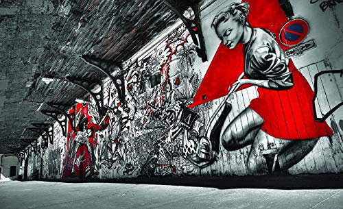 Forwall Fototapete Vlies Tapete Wanddeko Graffiti Mauer - Grau Rot Frau Moderne Wanddekoration 10517VEL 152,5cm x 104cm Schlafzimmer Wohnzimmer